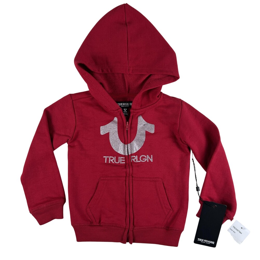 True Religion Jacket Girls 18-24 Months Ruby Red Fleece Zip Hoodie Glitter Logo